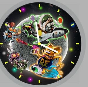 Retro Neon Alien Rat Fink Space Skate Clock - Green & Black Wall Decor Art Clock